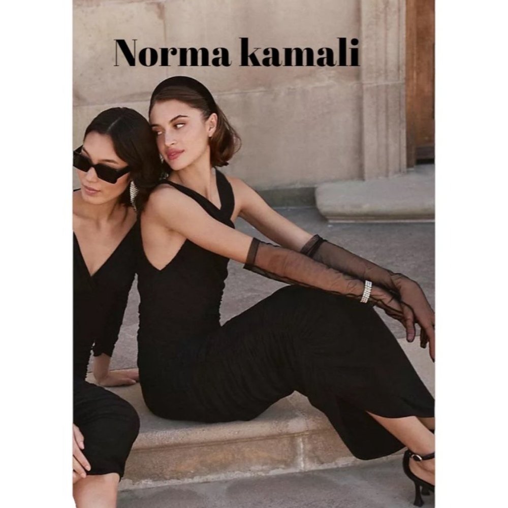Norma Kamali maxi dress black front tie sleeveless designer large